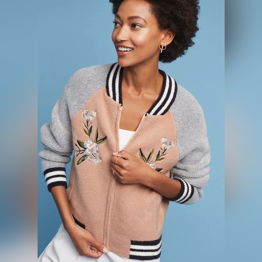 Anthropologie Maeve Varsity Embroidered Bomber Jacket Sweater Womens Medium EUC